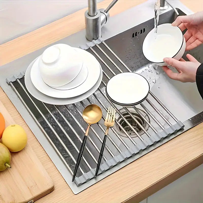 Stainless Steel Retractable Over-the-Sink Dish Drying Rack with Adjustable Armrest &amp; Drain Basket