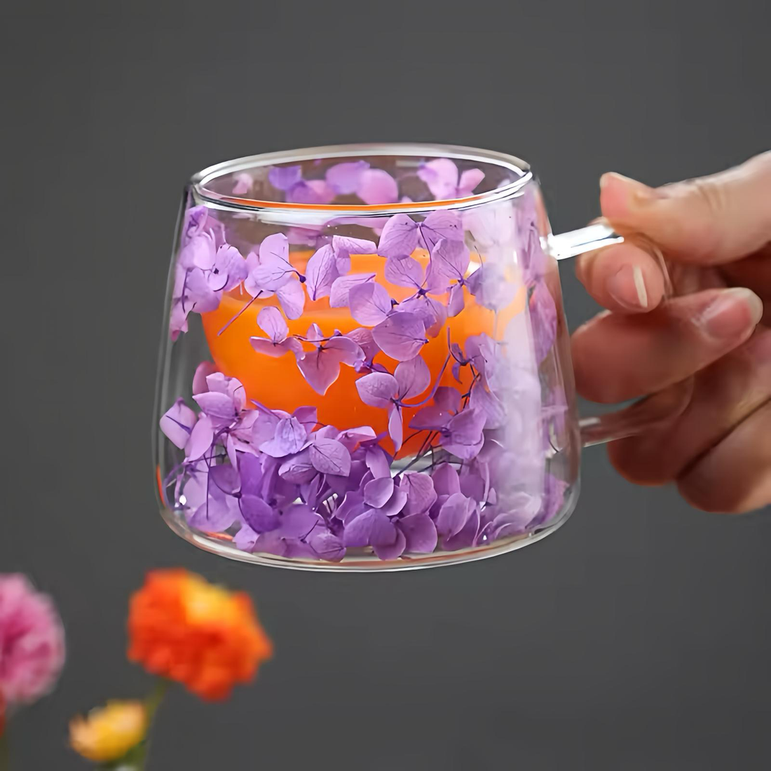 Double Walled Glass Coffee Cup with Real Flowers 200ml