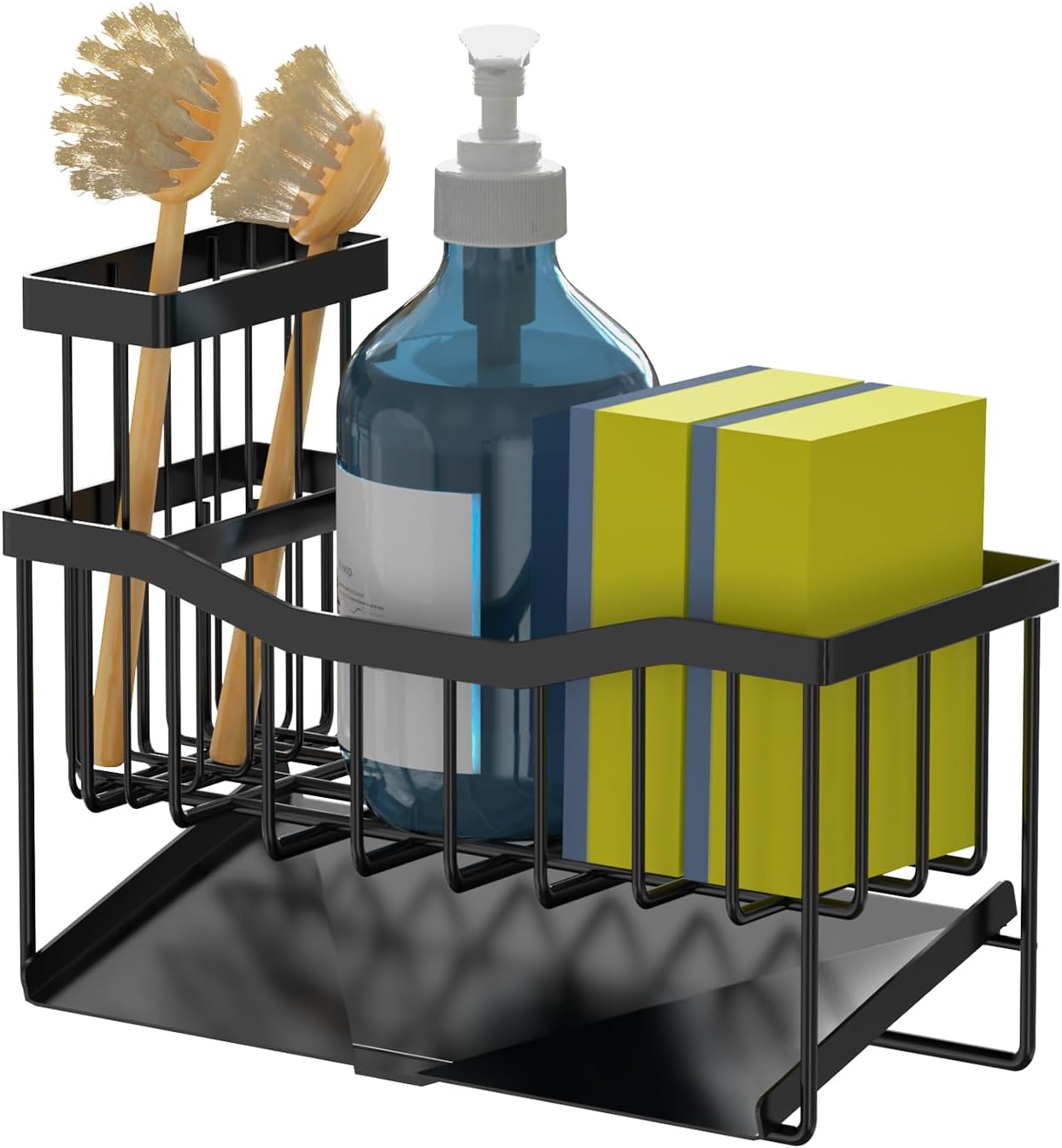 Sponge Holder for Kitchen Sink with Auto Draining Tray,Kitchen Sink Caddy Organizer with Rag Holder, Rustproof 304 Stainless Steel Kitchen Organizers