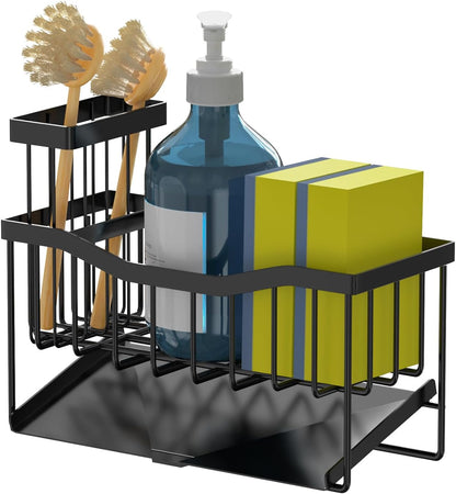 Sponge Holder for Kitchen Sink with Auto Draining Tray,Kitchen Sink Caddy Organizer with Rag Holder, Rustproof 304 Stainless Steel Kitchen Organizers
