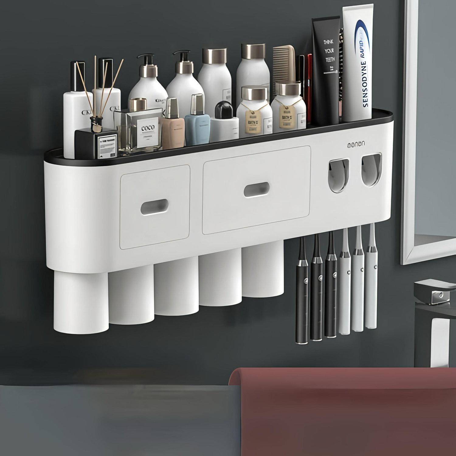 Multifunctional Wall Mount Toothbrush Holder Rack Organizer - No Drill