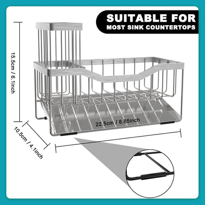 Sponge Holder for Kitchen Sink with Auto Draining Tray,Kitchen Sink Caddy Organizer with Rag Holder, Rustproof 304 Stainless Steel Kitchen Organizers