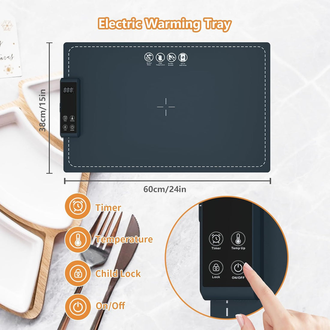Portable Food Warming Tray – 250W Electric Mat with 3 Heat Settings for Stainless Steel, Ceramic &amp; Glass Cookware