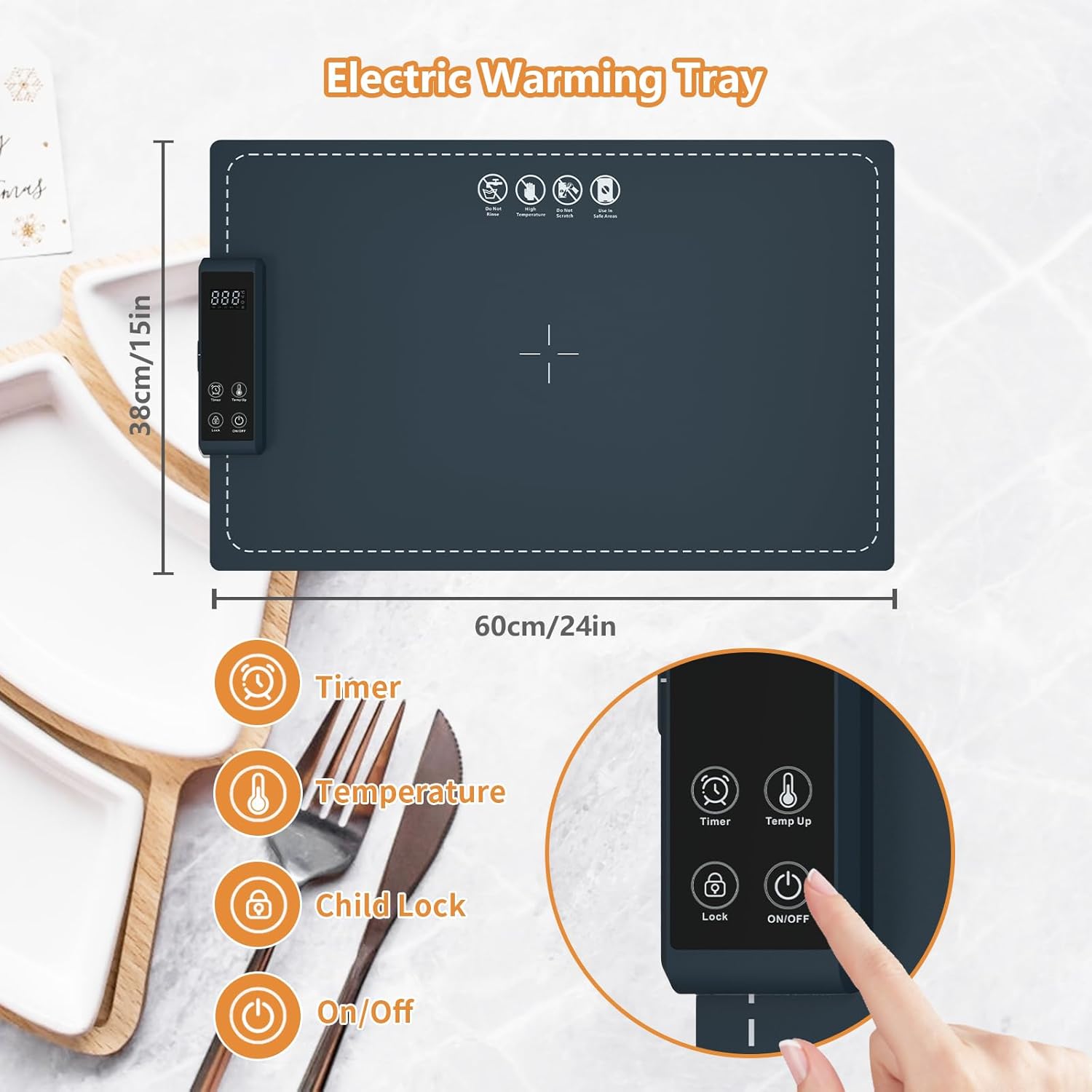 Portable Food Warming Tray – 250W Electric Mat with 3 Heat Settings for Stainless Steel, Ceramic &amp; Glass Cookware