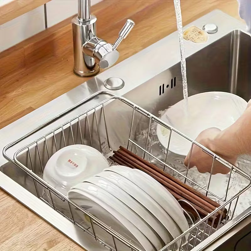 Stainless Steel Retractable Over-the-Sink Dish Drying Rack with Adjustable Armrest &amp; Drain Basket