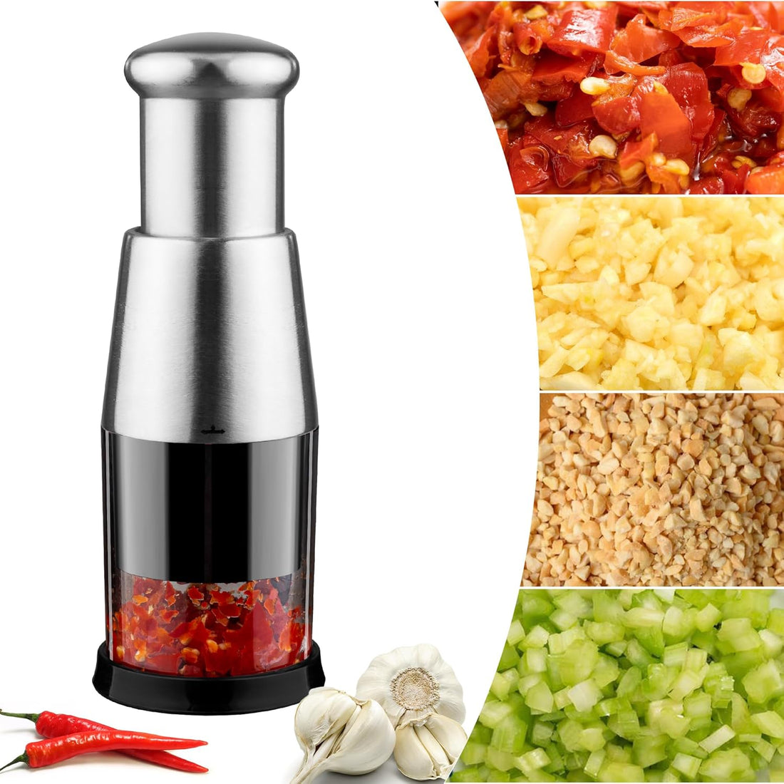 Manual Garlic Press &amp; Mini Food Chopper – Stainless Steel Handheld Dicer for Garlic, Onion, Veggies &amp; More