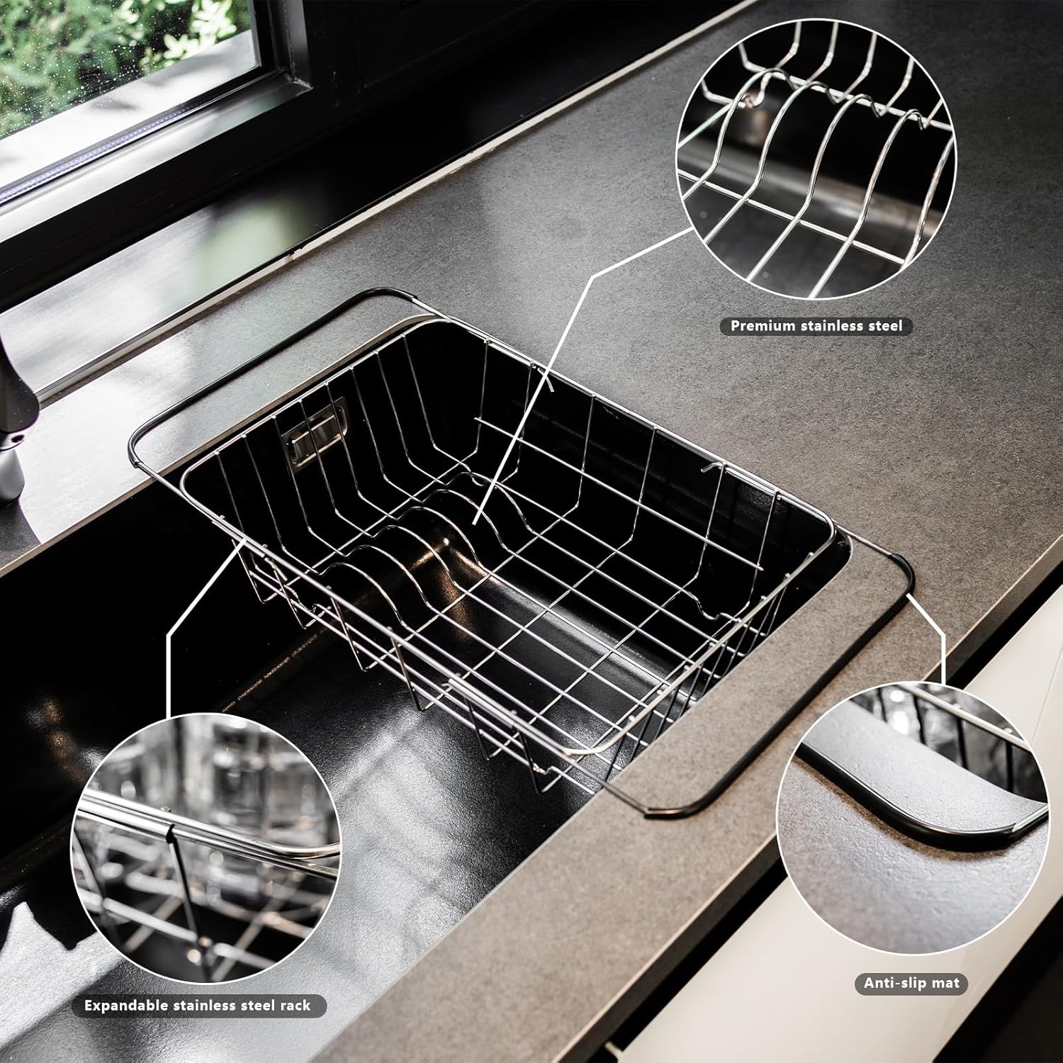 Telescopic Stainless Steel Over-the-Sink Dish Drying Rack – Expandable In-Sink Dish Drainer | Rustproof, Space-Saving &amp; Multi-Purpose