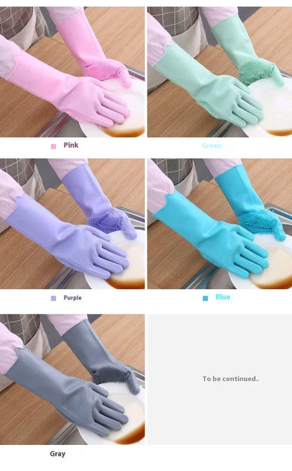 Reusable Magic Silicone Dishwashing Gloves with Built-In Scrubbers