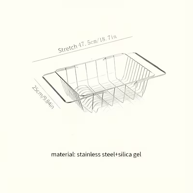 Stainless Steel Retractable Over-the-Sink Dish Drying Rack with Adjustable Armrest &amp; Drain Basket