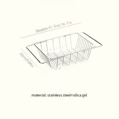 Stainless Steel Retractable Over-the-Sink Dish Drying Rack with Adjustable Armrest &amp; Drain Basket