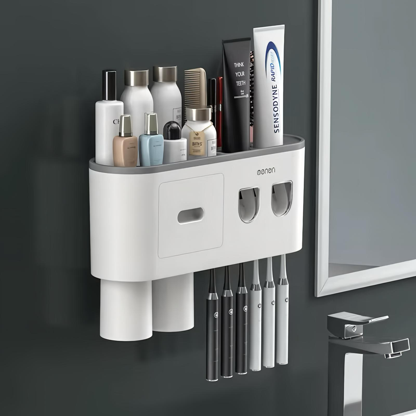 Multifunctional Wall Mount Toothbrush Holder Rack Organizer - No Drill