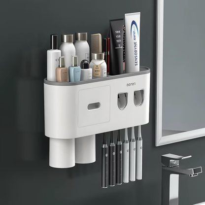 Multifunctional Wall Mount Toothbrush Holder Rack Organizer - No Drill