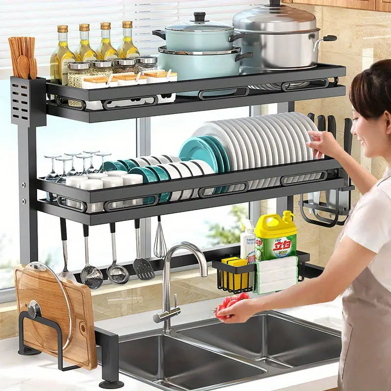 Over-the-Sink Dish Drying Rack with Storage Cabinet & Hooks – Heavy-Duty Stainless Steel Organizer