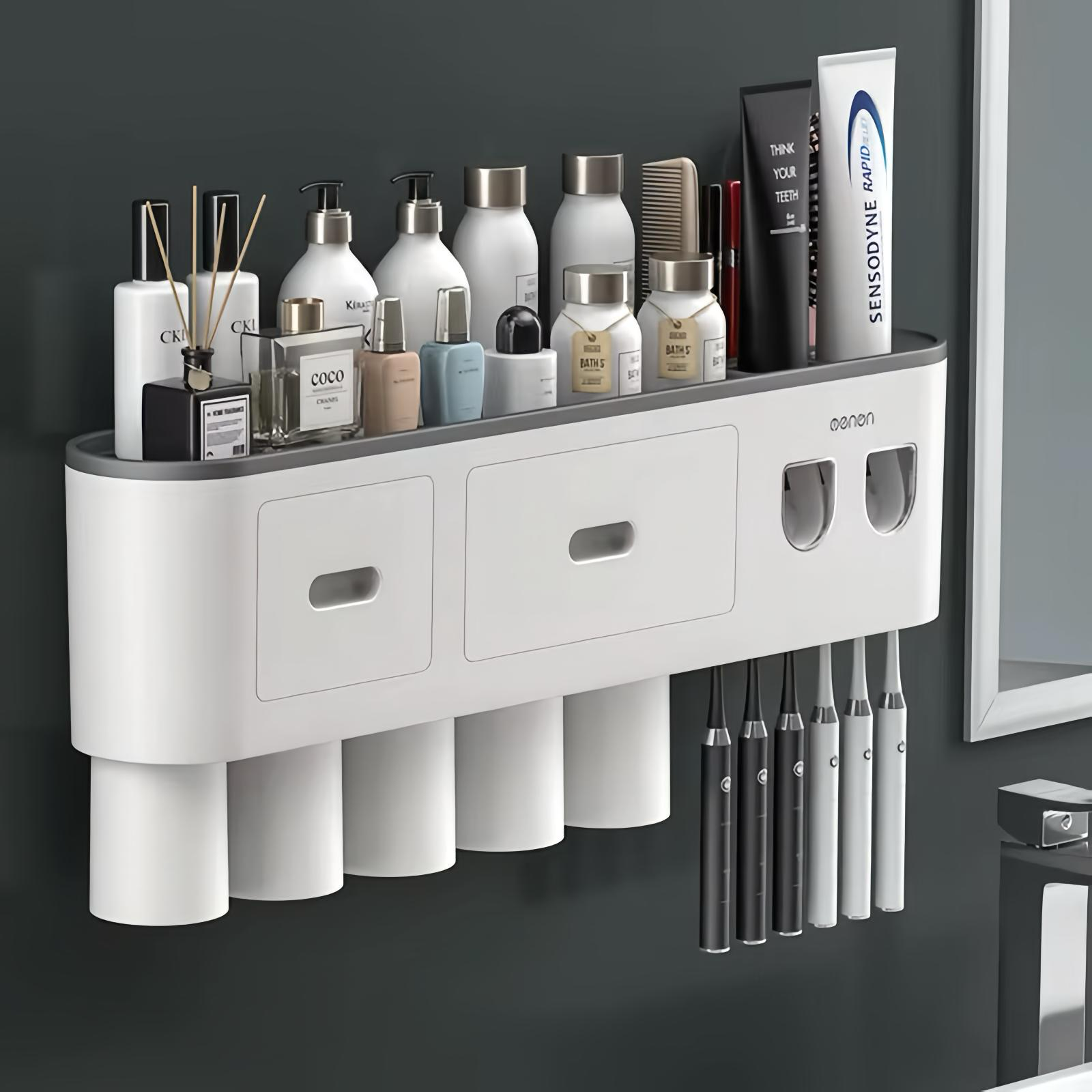 Multifunctional Wall Mount Toothbrush Holder Rack Organizer - No Drill