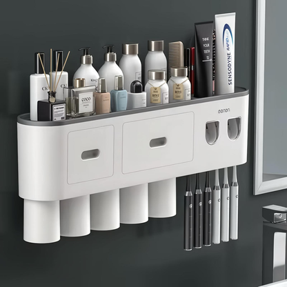 Multifunctional Wall Mount Toothbrush Holder Rack Organizer - No Drill