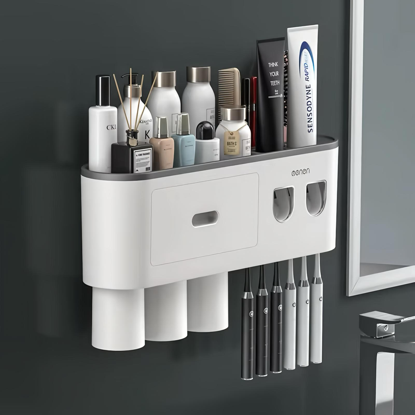Multifunctional Wall Mount Toothbrush Holder Rack Organizer - No Drill