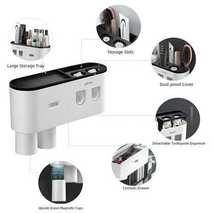 Multifunctional Wall Mount Toothbrush Holder Rack Organizer - No Drill