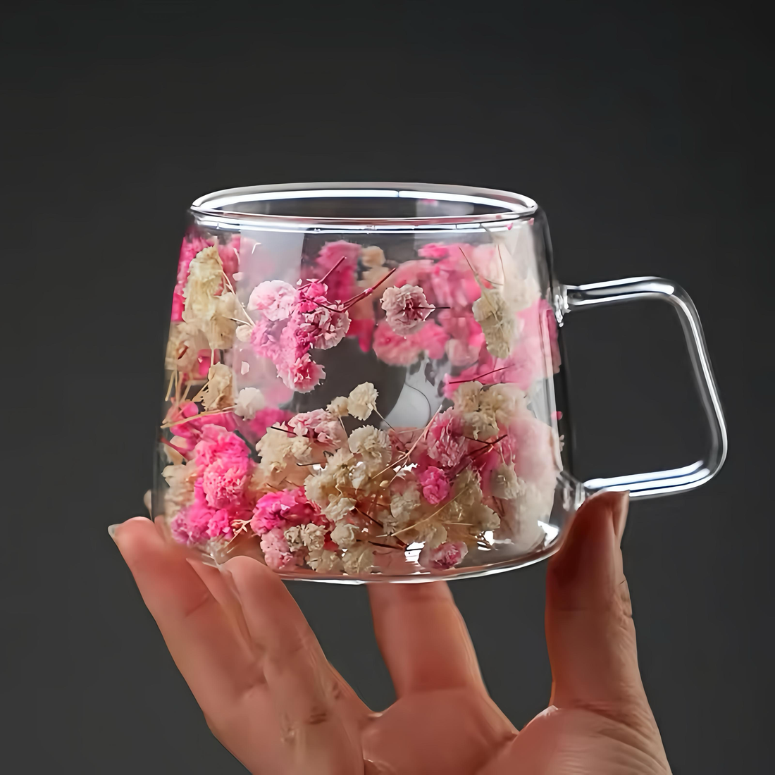 Double Walled Glass Coffee Cup with Real Flowers 200ml