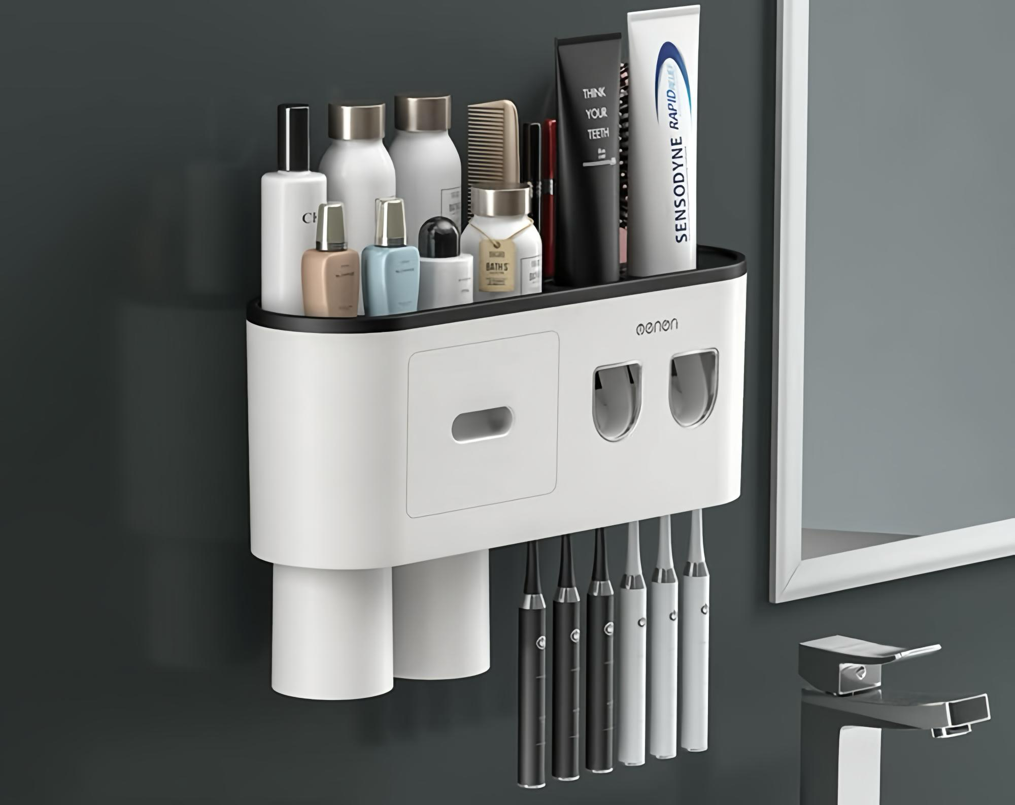 Multifunctional Wall Mount Toothbrush Holder Rack Organizer - No Drill