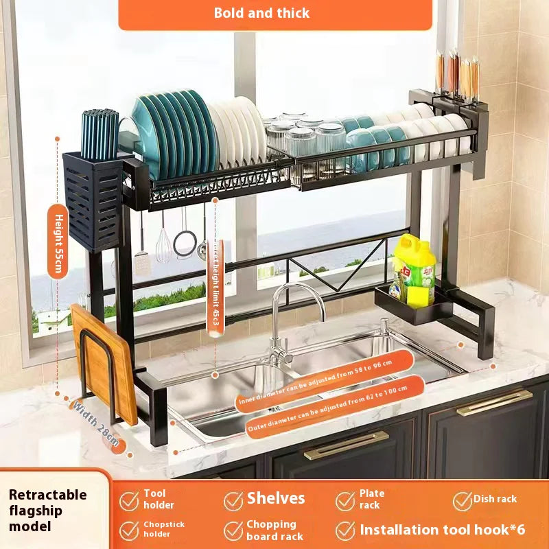 Over-the-Sink Dish Drying Rack with Storage Cabinet &amp; Hooks – Heavy-Duty Stainless Steel Organizer