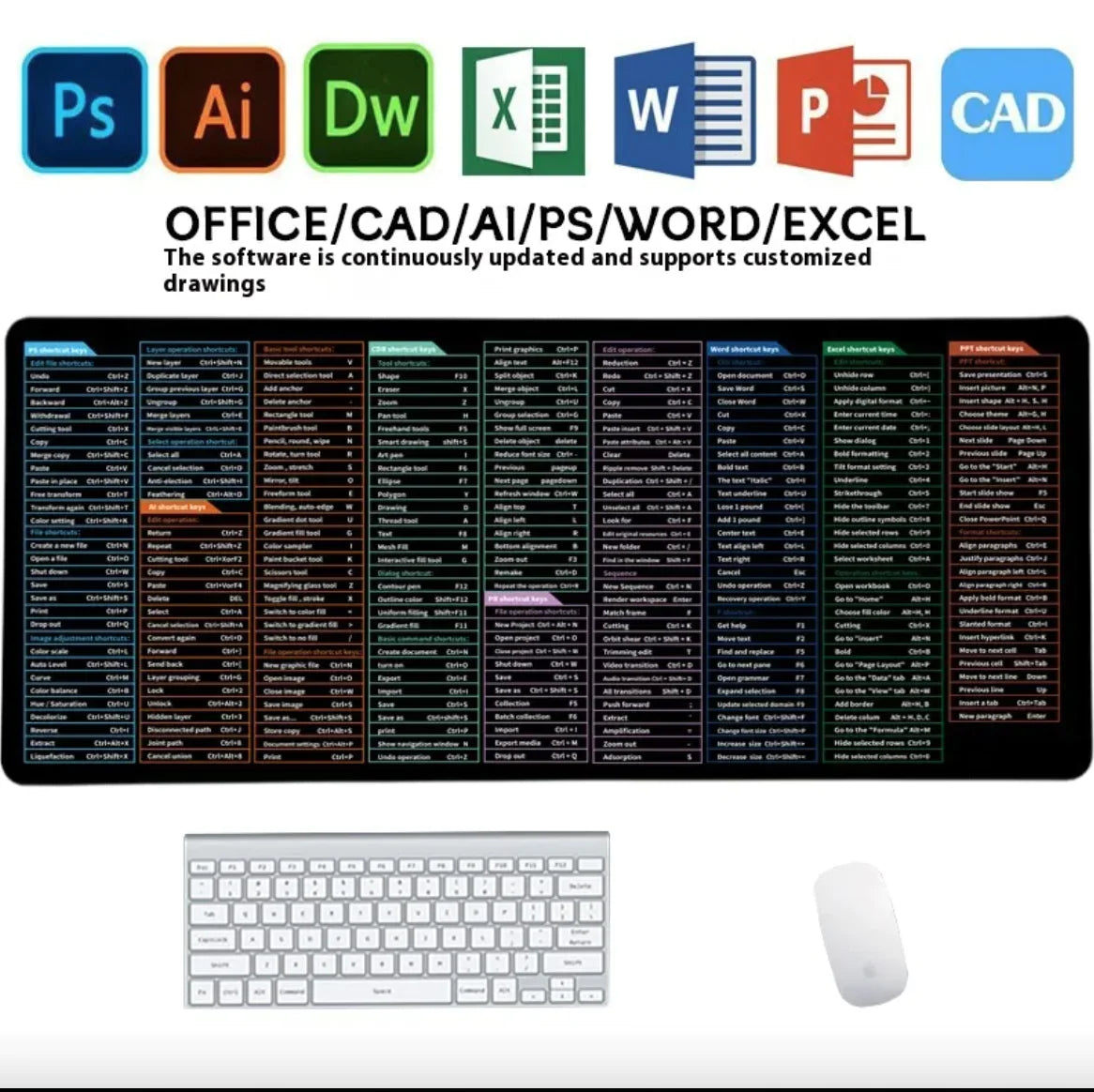 Full English Shortcut Keys Office Mouse Mat - Super Large &amp; Stain-resistant