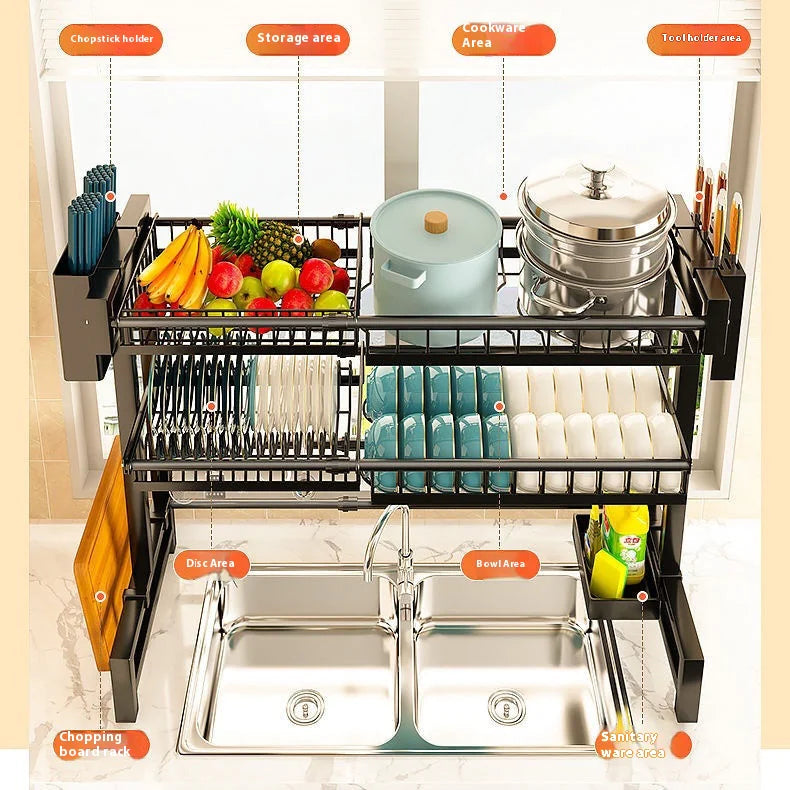 Over-the-Sink Dish Drying Rack with Storage Cabinet &amp; Hooks – Heavy-Duty Stainless Steel Organizer