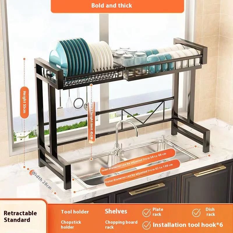 Over-the-Sink Dish Drying Rack with Storage Cabinet &amp; Hooks – Heavy-Duty Stainless Steel Organizer