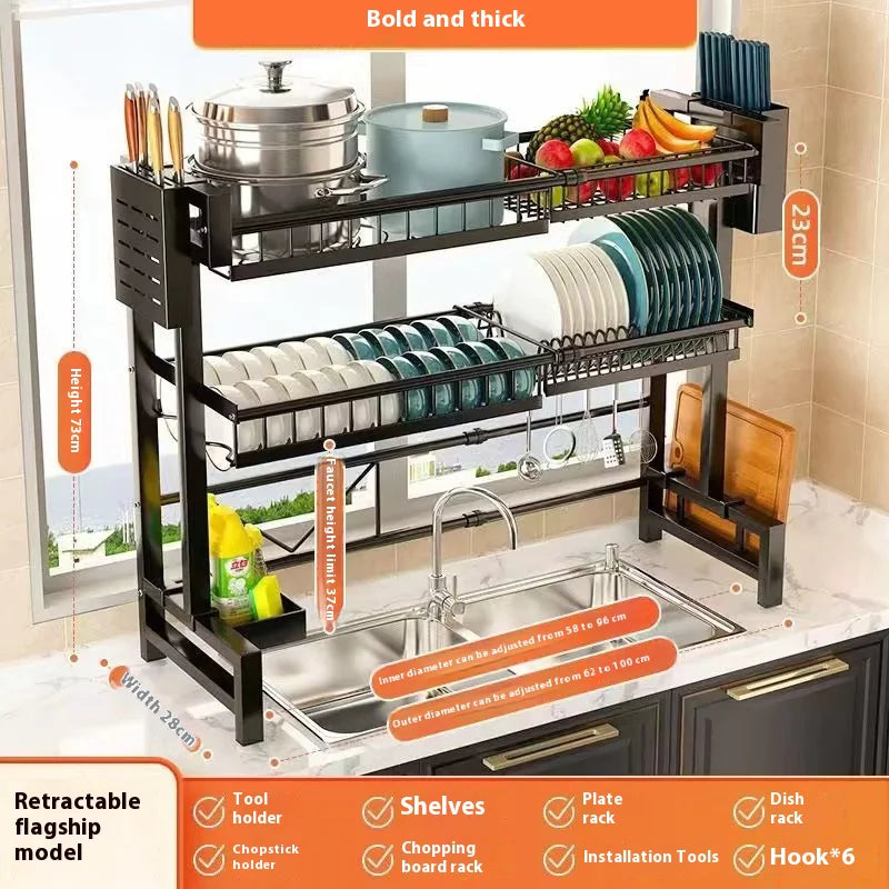 Over-the-Sink Dish Drying Rack with Storage Cabinet &amp; Hooks – Heavy-Duty Stainless Steel Organizer