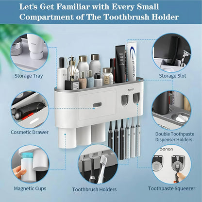Multifunctional Wall Mount Toothbrush Holder Rack Organizer - No Drill
