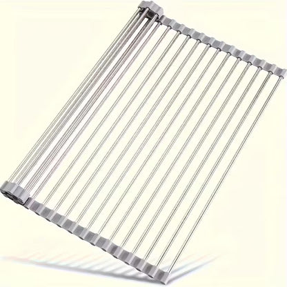 Stainless Steel Retractable Over-the-Sink Dish Drying Rack with Adjustable Armrest &amp; Drain Basket
