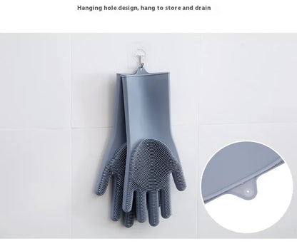 Reusable Magic Silicone Dishwashing Gloves with Built-In Scrubbers