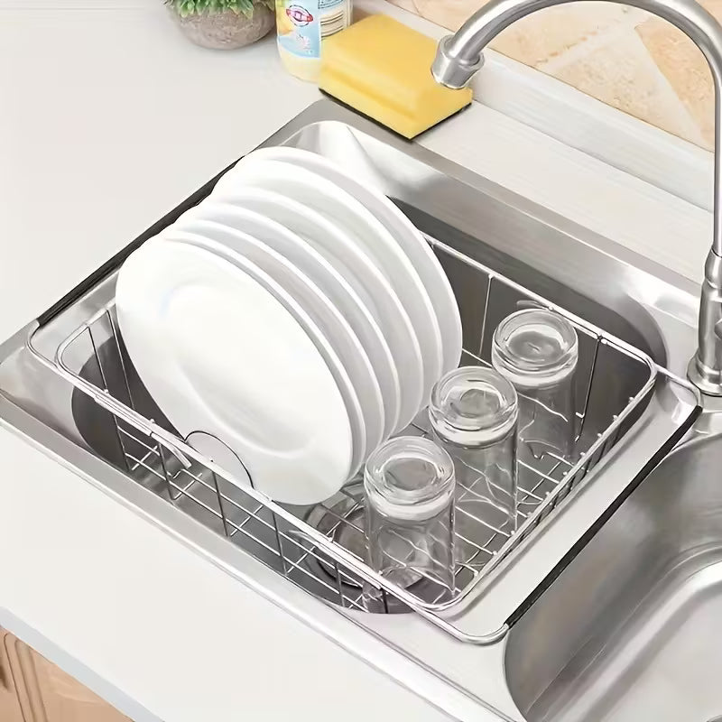 Telescopic Stainless Steel Over-the-Sink Dish Drying Rack – Expandable In-Sink Dish Drainer | Rustproof, Space-Saving &amp; Multi-Purpose