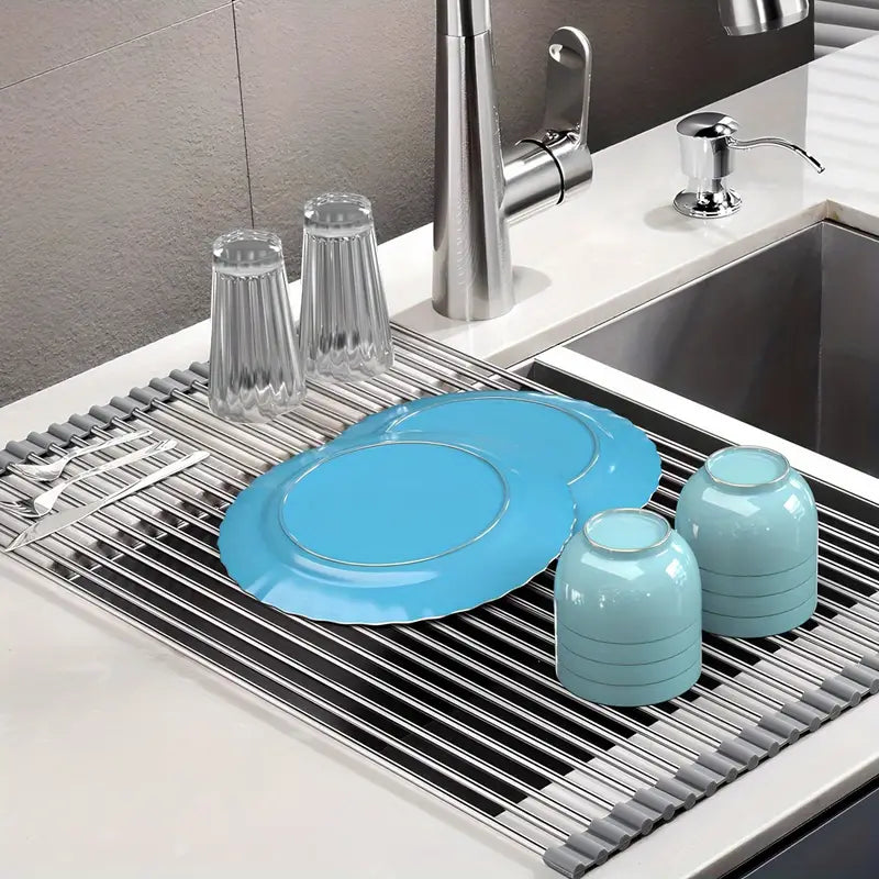 Stainless Steel Retractable Over-the-Sink Dish Drying Rack with Adjustable Armrest &amp; Drain Basket