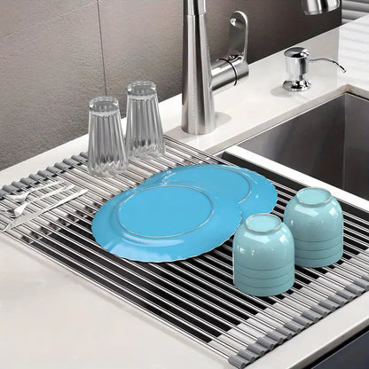 Stainless Steel Retractable Over-the-Sink Dish Drying Rack with Adjustable Armrest &amp; Drain Basket