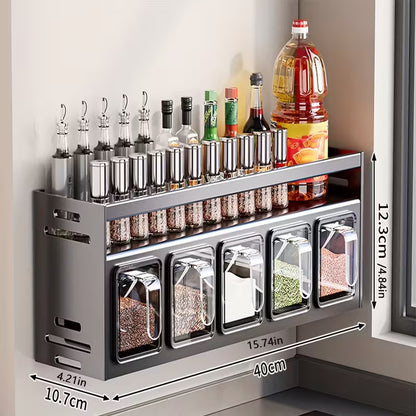 Kitchen Spice Rack Wall Mount Hanging Seasoning Box Over Stove Hanging Shelf Seasoning Jar Organizer For Sugar Salt Pepper