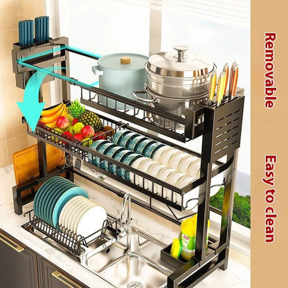 Over-the-Sink Dish Drying Rack with Storage Cabinet &amp; Hooks – Heavy-Duty Stainless Steel Organizer