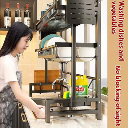 Over-the-Sink Dish Drying Rack with Storage Cabinet &amp; Hooks – Heavy-Duty Stainless Steel Organizer