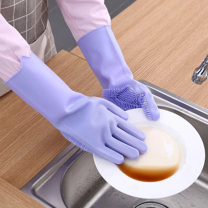 Reusable Magic Silicone Dishwashing Gloves with Built-In Scrubbers