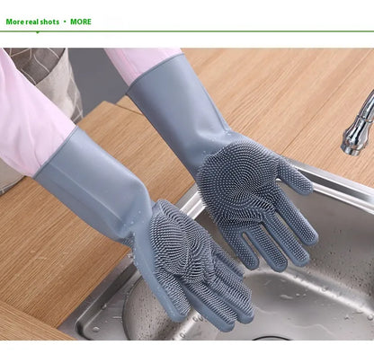 Reusable Magic Silicone Dishwashing Gloves with Built-In Scrubbers